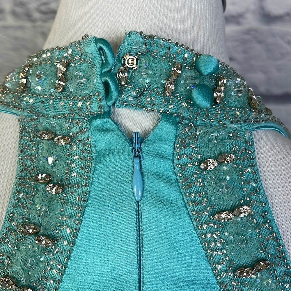 Badgley Mischka Aqua Sleeveless Y2K Stretch Prom Wedding Gown Formal Dress Sz 0 - Picture 14 of 15